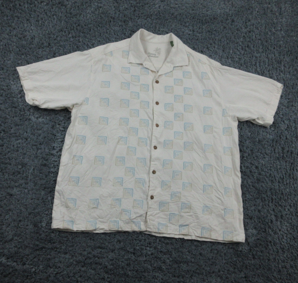 Tommy Bahama Shirt Mens XL Off White Silk Geometric Button Up Camp Casual